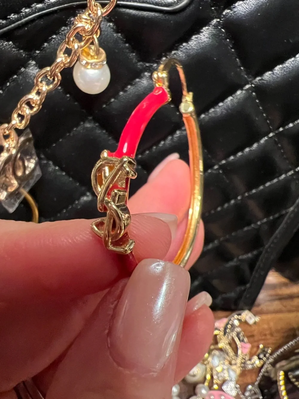 Gold Emblem Red Enamel Hoop Earrings - Picture 3 of 10